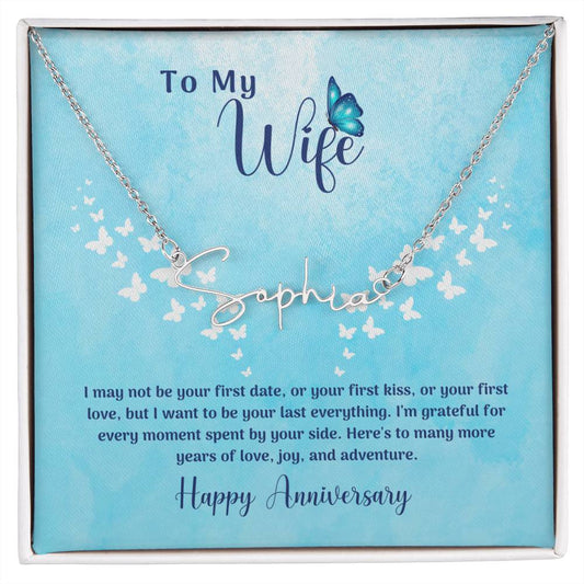 Anniversary Gift From Husband To Wife, Signature Style Custom Name Necklace With Personal Message Card Curious Draft