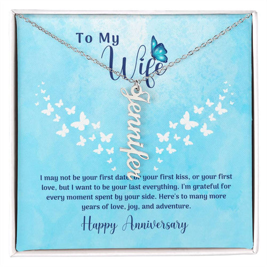 Anniversary Gift From Husband To Wife, Vertical Style Custom Name Necklace With Personal Message Card Curious Draft