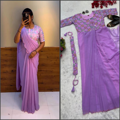 Trending Ready to Wear Zip Nd Go Gown Saree, Readymade Embroidery Saree