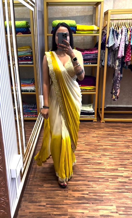 Ready to Wear Saree With Mirror Work & Fully Stitched Embroidery Blouse